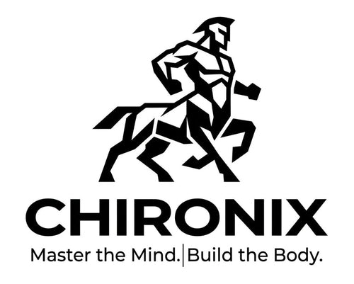 A black Chironix logo featuring a stylized centaur figure above the brand name and the tagline 'Master the Mind, Build the Body.' on a white background.
